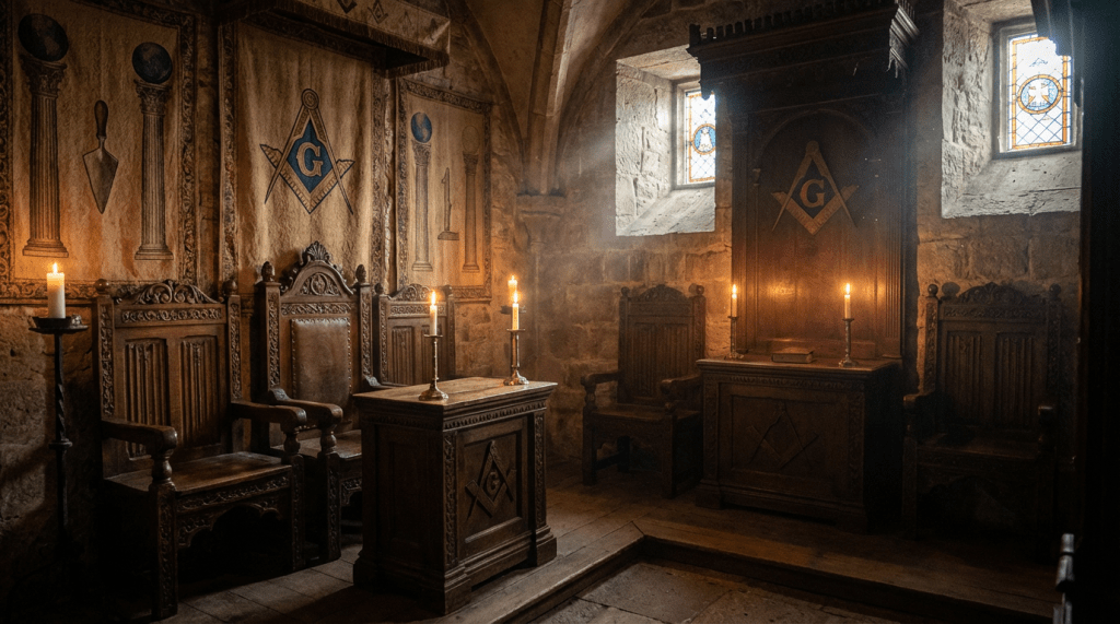 Historic stone room featuring Masonic symbols, ornate wooden furniture, and glowing candles.