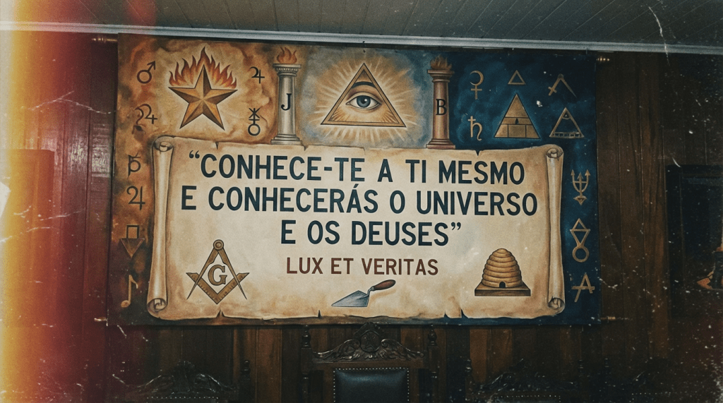 Masonic banner with symbols and text: "CONHECE-TE A TI MESMO E CONHECERÁS O UNIVERSO E OS DEUSES" and "LUX ET VERITAS".