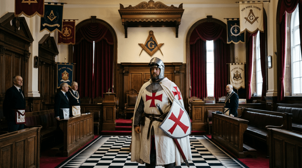 Man in medieval knight costume with cross shield standing in a Masonic lodge hall
