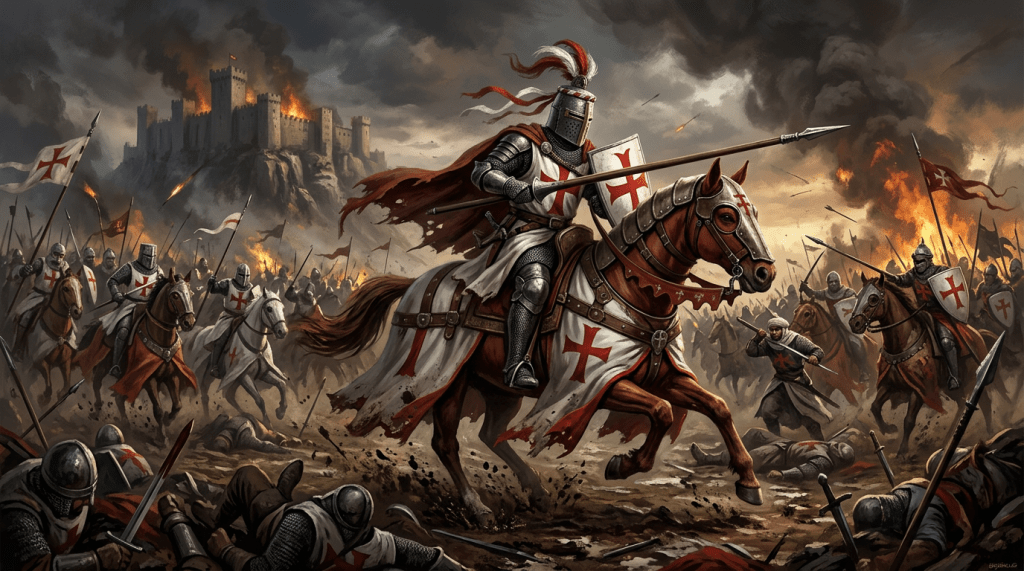 Armored knights with red cross emblems charging on horses in a medieval battlefield with a burning castle in the background
