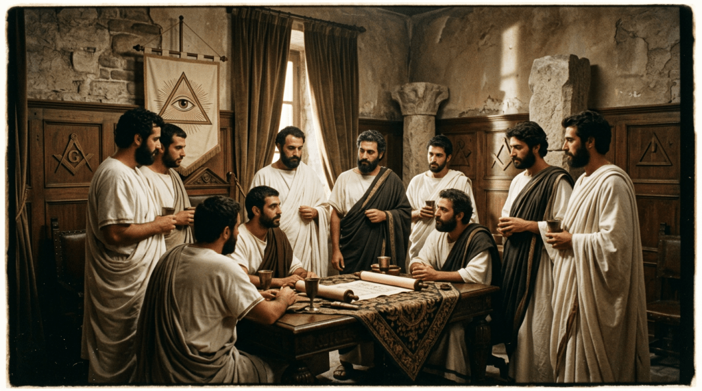 Men in ancient robes gathered around a table with a scroll in a historic chamber