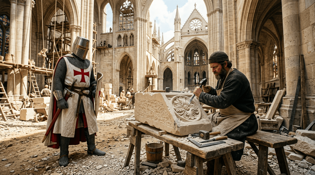 Knight in armor watches stonemason carving stone inside cathedral