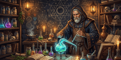 Elderly wizard mixing glowing blue potion surrounded by magical symbols and alchemy equipment