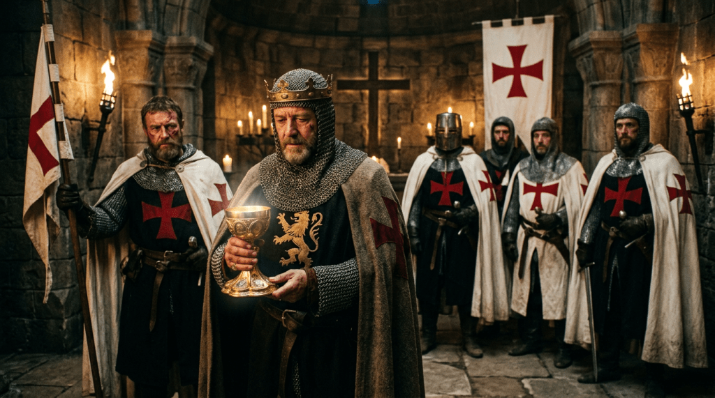 King in chainmail holding a glowing chalice surrounded by knights with red cross emblems in a stone chamber
