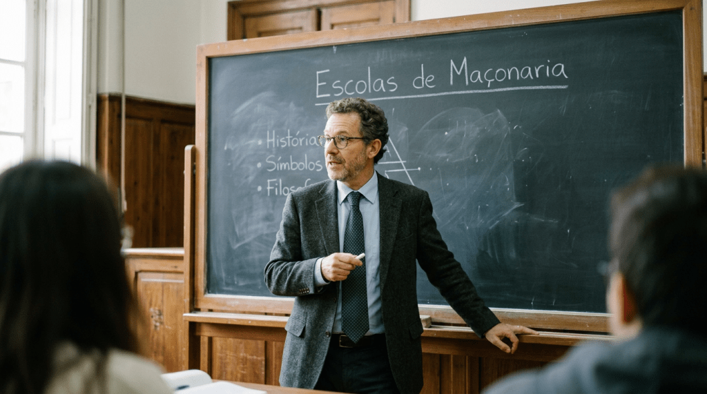 Professor teaching about Freemasonry concepts in front of a chalkboard