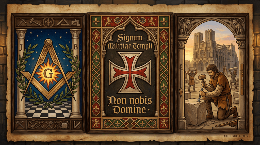 Masonic square and compass, Templar cross with Latin text, and a medieval stone mason carving a block outside a cathedral.