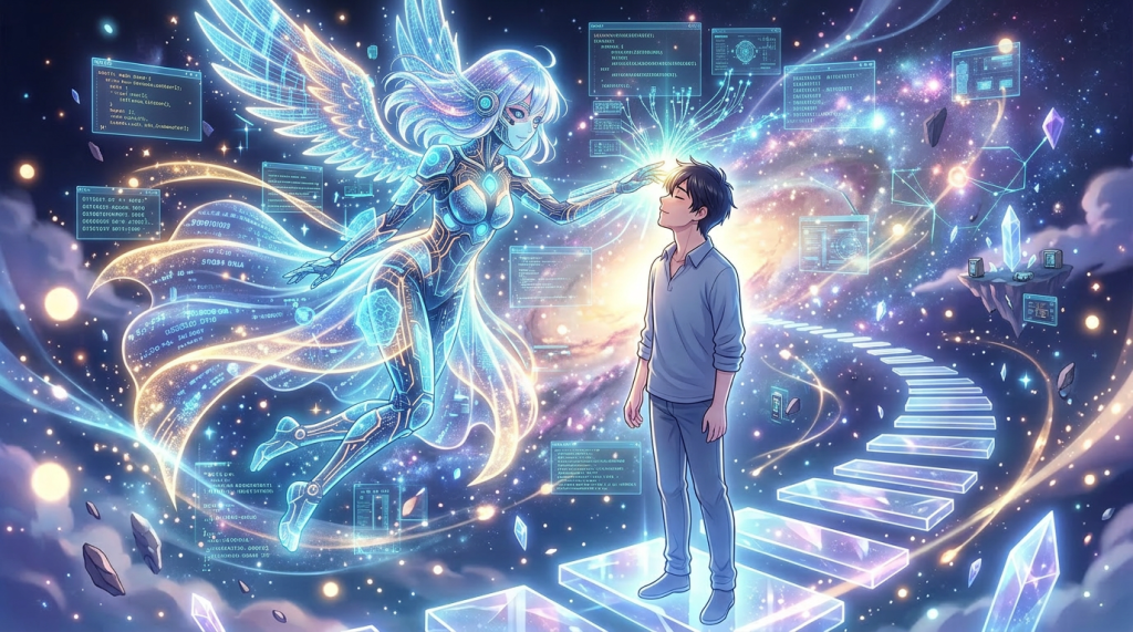Glowing angelic woman with wings reaching out to a man standing on transparent steps in a cosmic space