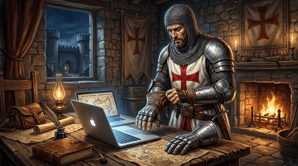 Knight in chainmail and armor using a laptop with medieval maps on the table