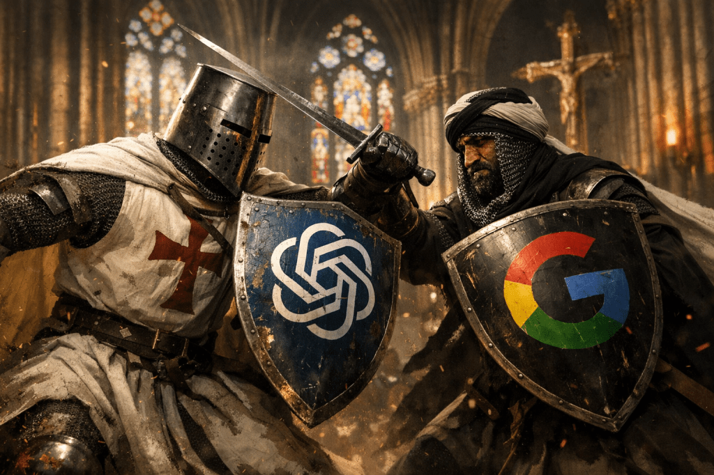 Two armored knights fighting with swords and shields displaying OpenAI and Google logos