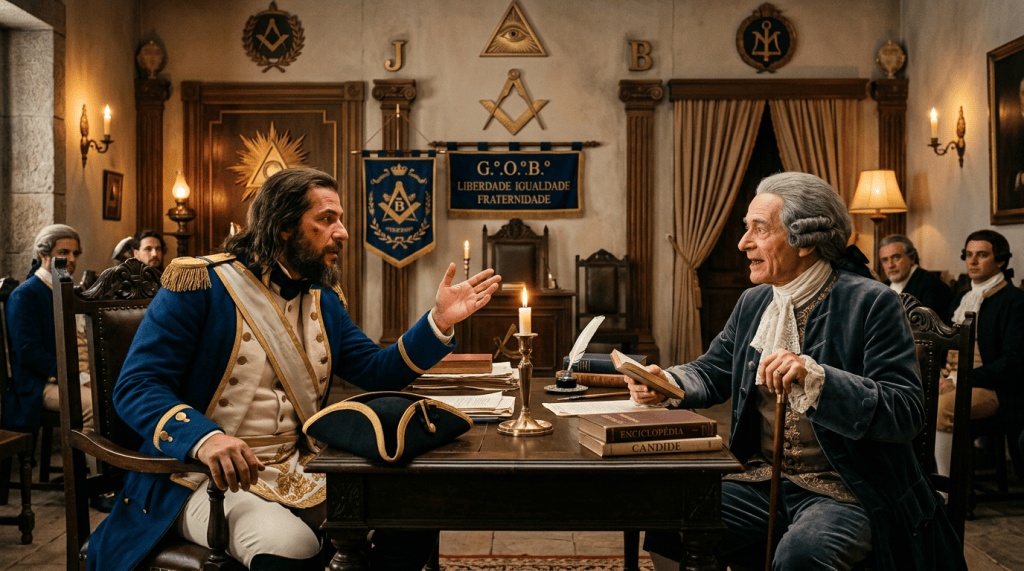 Two men converse in a Masonic lodge; banner reads “G.O.O.B. LIBERDADE IGUALDADE FRATERNIDADE,” books include “ENCICLOPEDIA CANDIDE.”
